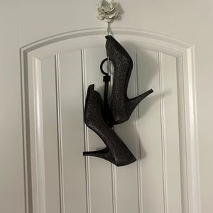 Fergalicious 9.5 sparkly pewter 3.75” peeptoe & platform heels